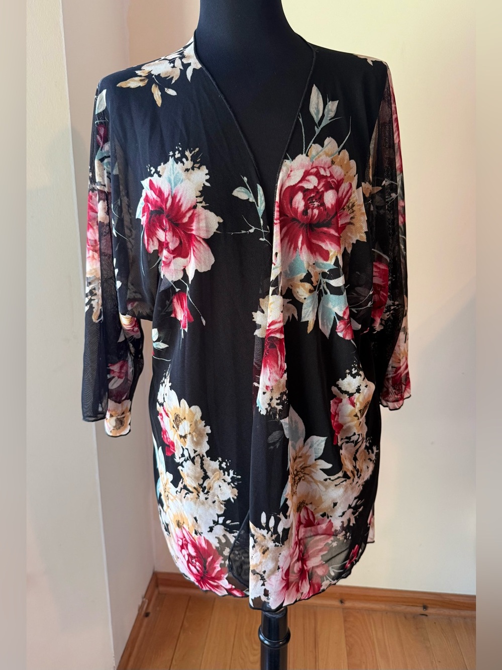 Floral Black Sheer Cardigan/ Cover-up Women's Size M